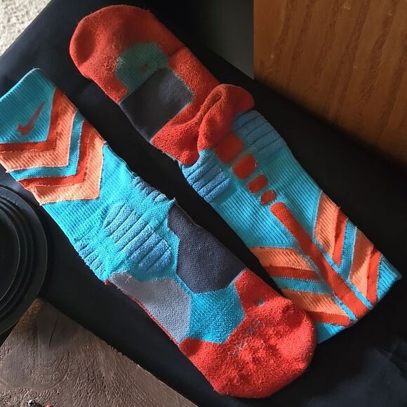 Nike Elite Multicolor Crew Socks Medium Hyper Orange Teal Tall Mens Unisex Gym - Picture 3 of 14